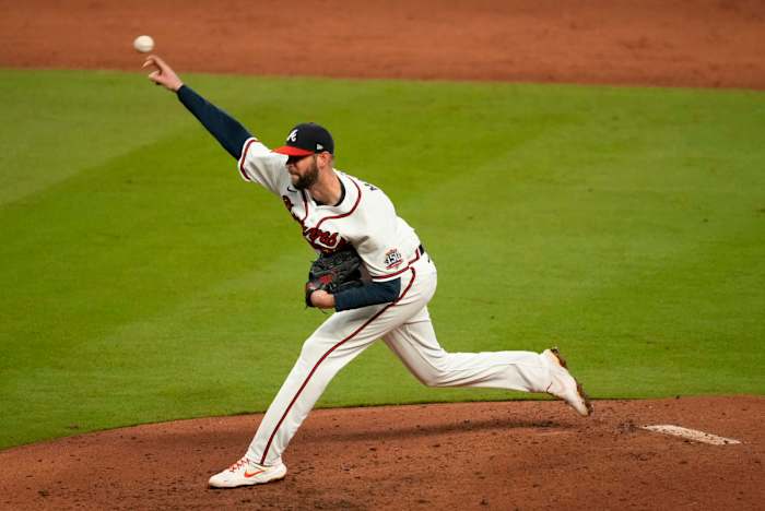 Chris Martin throws a pitch against the Houston Astros during the 2021 World Series.